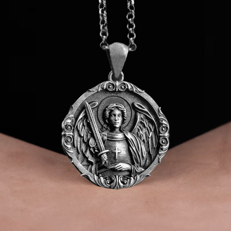 S925k Silver St. Michael Shield Angel Amulet Badge Necklace