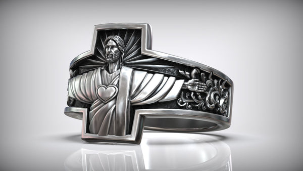 S925K Silver Jesus Guardian Cross Sacred Heart of Jesus Ring