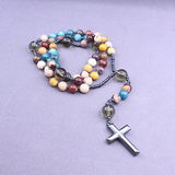 New African pine yellow tiger eye vintage natural stone long cross rosary necklace