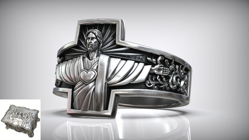 S925K Silver Jesus Guardian Cross Sacred Heart of Jesus Ring