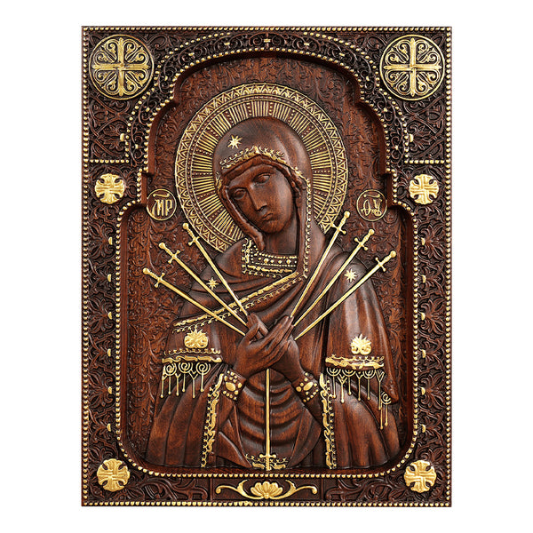 Our Lady of Sorrows Wooden Wall Decor - Our Lady of the Seven Arrows Softens the Heart of Evil