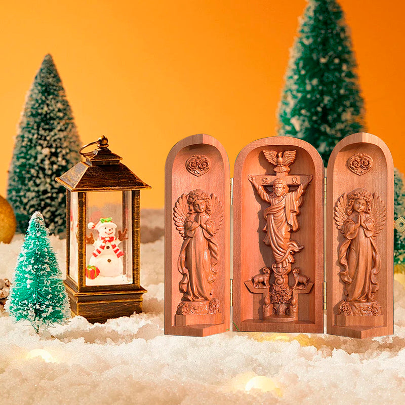 Hand-carved Portable Church - Mini Christian Ascension scene Triptych Altar