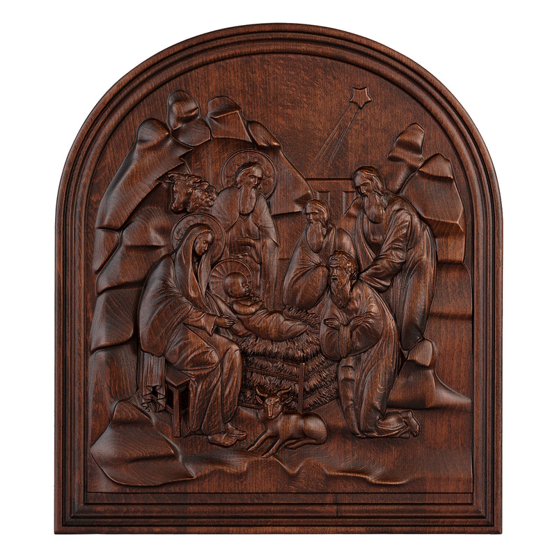 Natural beech nativity scene wood carving plaque