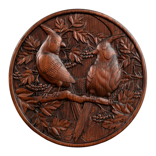 Wood carving of cardinal couple bringing good luck