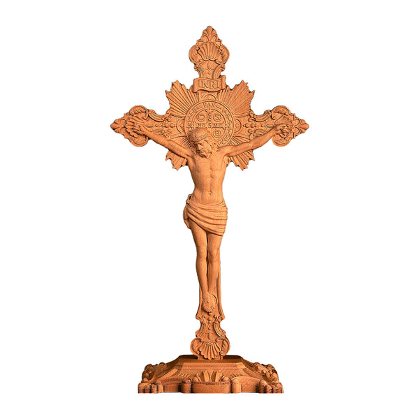 Wood carving of the Cross of the Order of Saint Benedict - with base