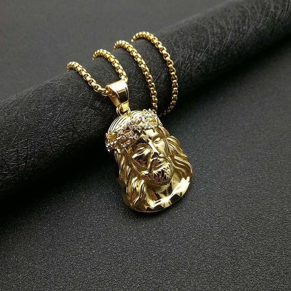 Jesus Pendant in Titanium Steel, Gold Plated and Diamonds