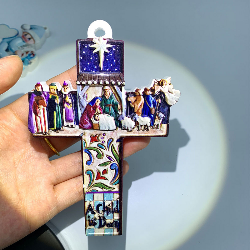 Nativity Cross Resin Hand Painted Color Decoration