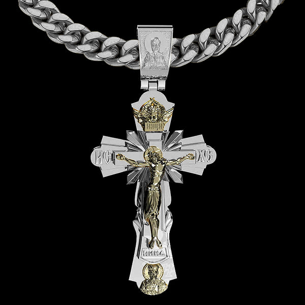 Gold-Plated Copper Crucifix Pendant with Jesus Christ and Religious Figures