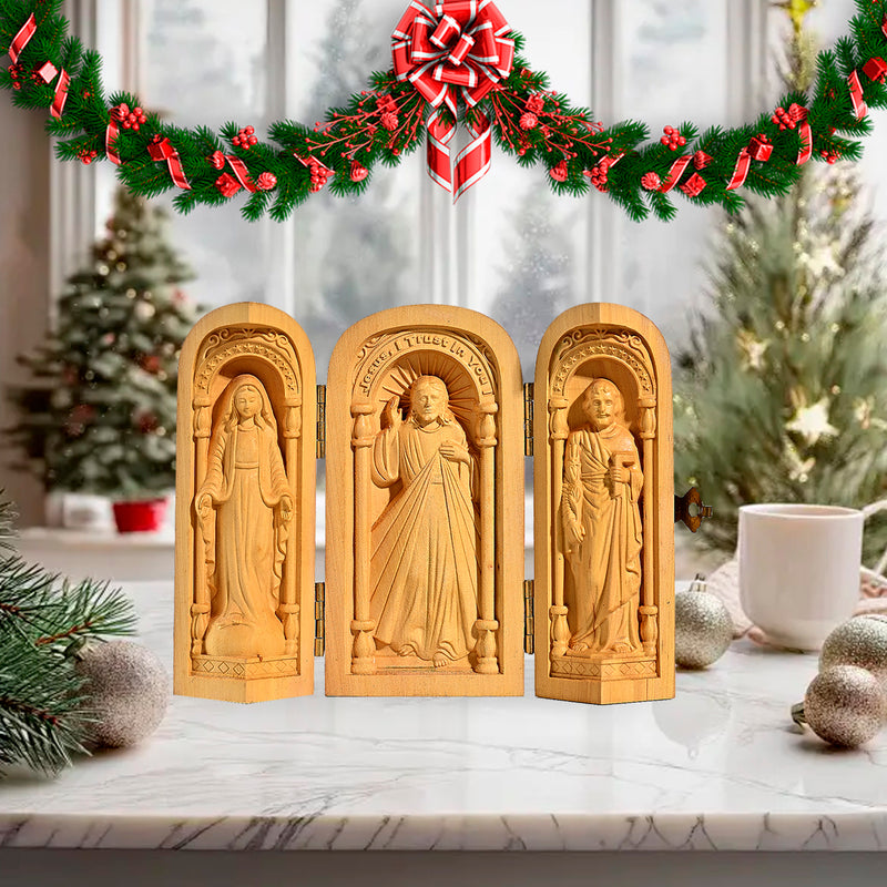 Hand-carved Portable Church - Mini Christian Triptych Altar