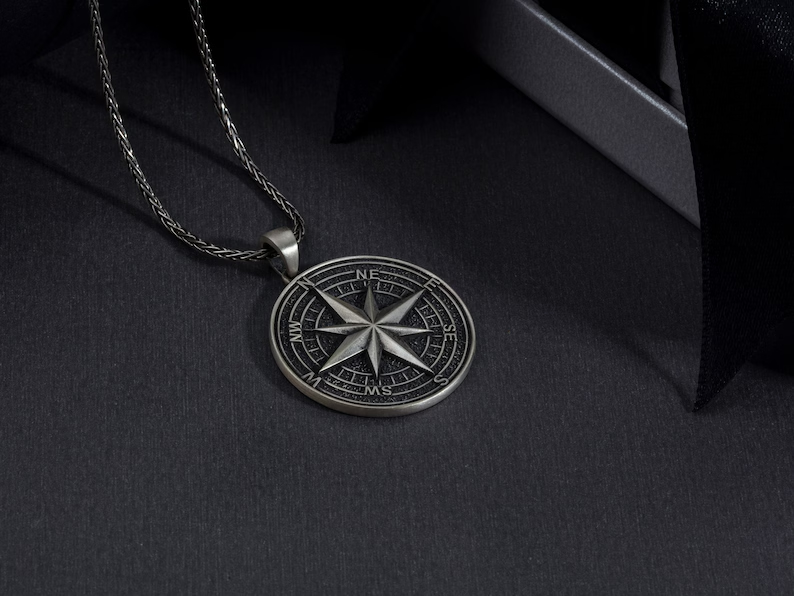 Handmade S925K Silver Compass Pendant Necklace