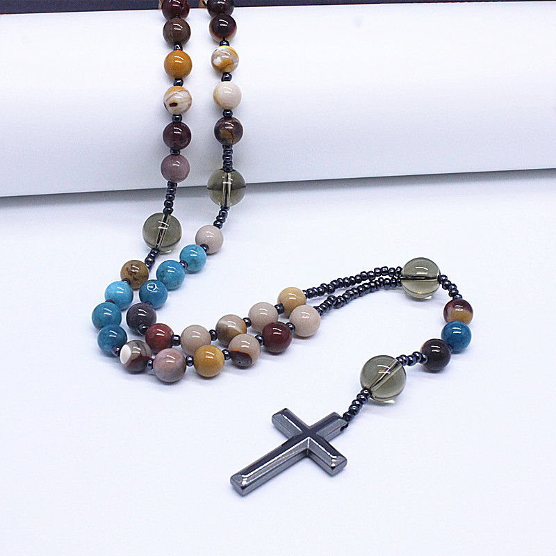 New African pine yellow tiger eye vintage natural stone long cross rosary necklace