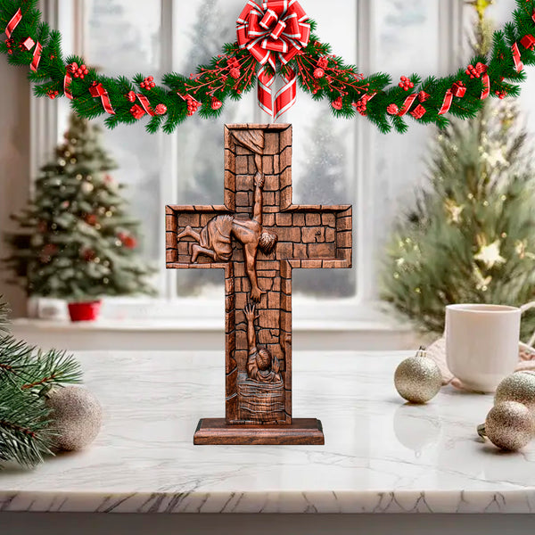 BGCOPPER Savior Jesus Cross - Carved from Natural Wood