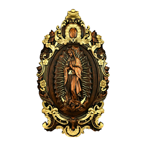 Religious gift with rich details of the wooden statue of Our Lady of Guadalupe