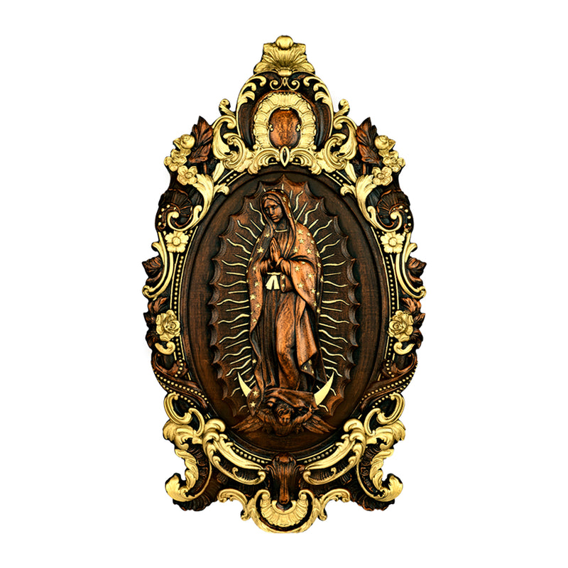 Religious gift with rich details of the wooden statue of Our Lady of Guadalupe