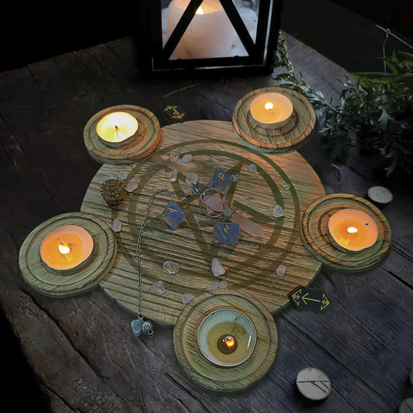 Pentagram Wooden Disc Candle Holder DIY Tarot Decoration Crystal Accessories