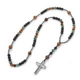 New African pine yellow tiger eye vintage natural stone long cross rosary necklace