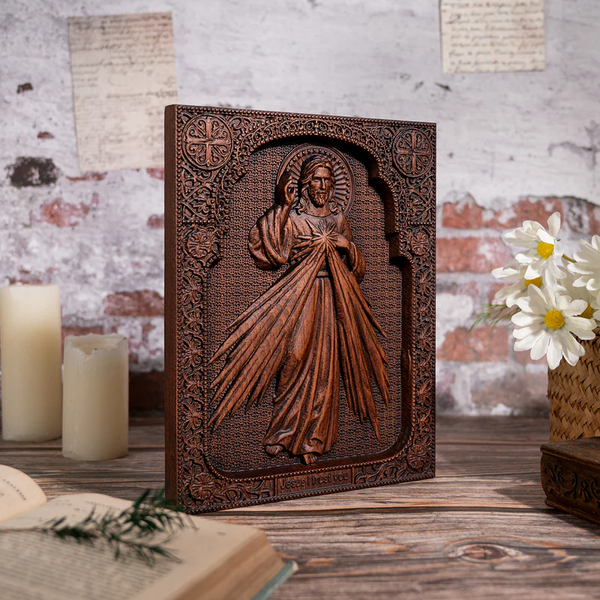 Customized Sacred Heart of Jesus and Our Lady of Mercy Wooden Wall Plaque