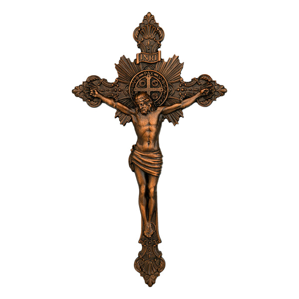 Wood Carving of Jesus Cross with St. Benedict's Exorcism