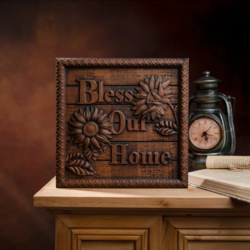 Promotional items:Bless Our Home Sunflower Solid Wood Engraved Plaque