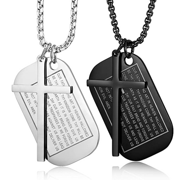 Stainless Steel Dog Tags Cross Necklaces for Men Prayer Cross Necklace Military Rolo Chain 3mm 24 Inch