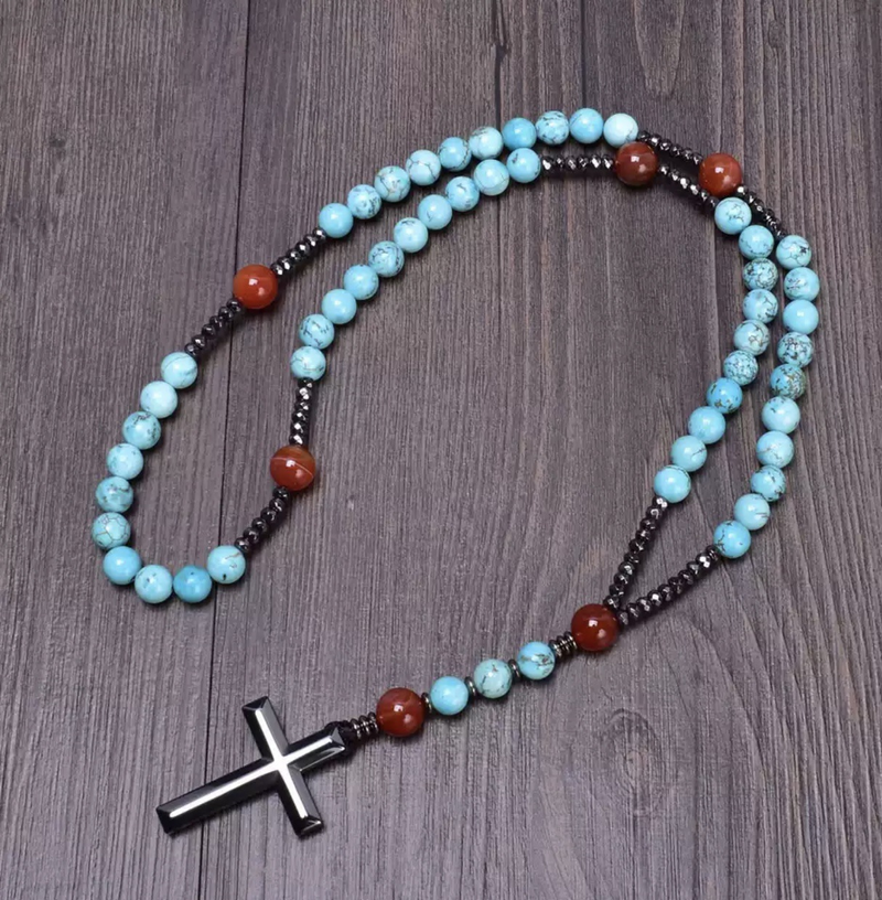 New African pine yellow tiger eye vintage natural stone long cross rosary necklace