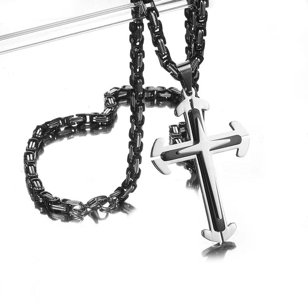 Stainless Steel Cross Byzantine Chain Pendant Necklace