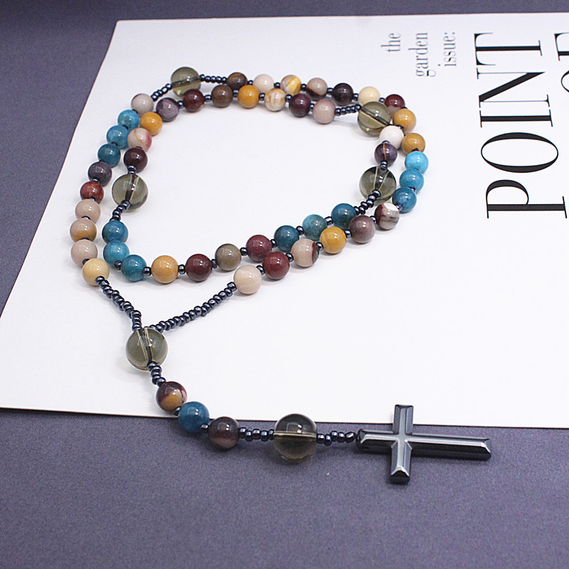 New African pine yellow tiger eye vintage natural stone long cross rosary necklace