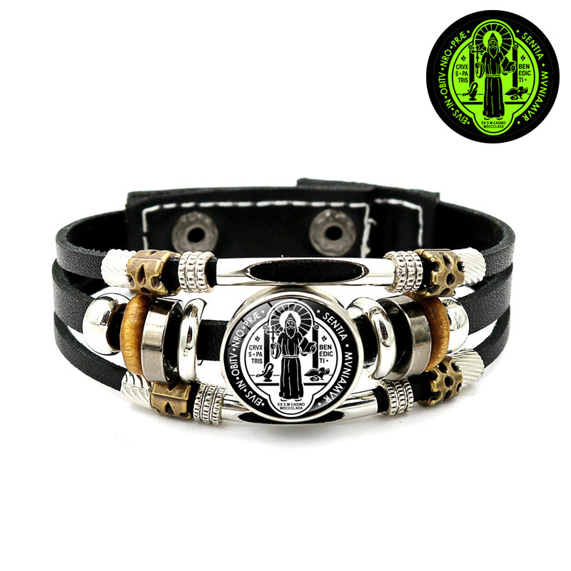 St. Benedict's Exorcism Medal Luminous Braided Adjustable Snap Clasp Multi-Layer Bracelet