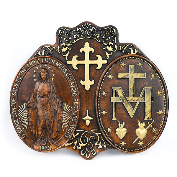 Miraculous Medal Wood Carving Decor - Medal of Our Lady of Graces