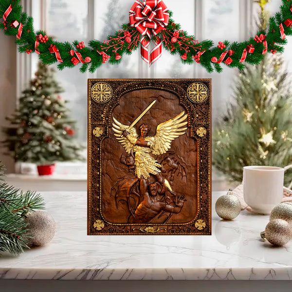 Archangel Michael natural solid wood religious wood carving - The Holy Sword Slays Demons