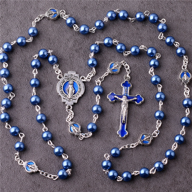 Jesus Mary Cross Blue Alloy Rosary Necklace