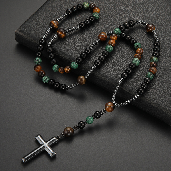 New African pine yellow tiger eye vintage natural stone long cross rosary necklace