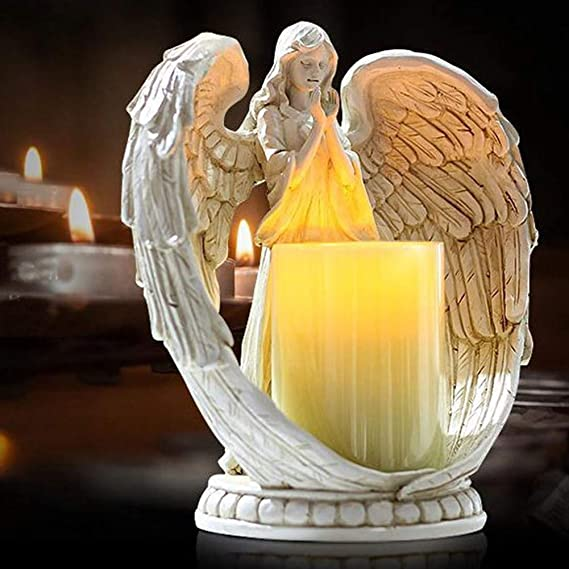 Angel Candle Holder with LED Candle, Battery-Powered, Angel Memorial Gifts, Angel Wing Praying Statue for Home Decoration