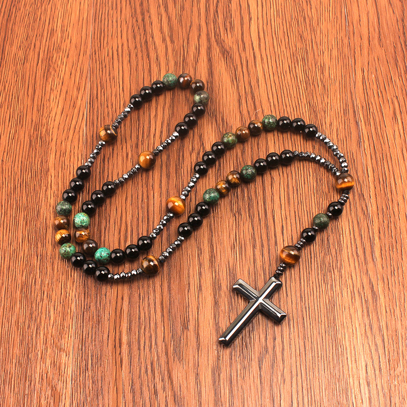 New African pine yellow tiger eye vintage natural stone long cross rosary necklace