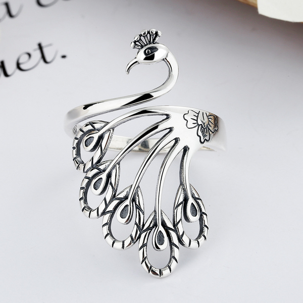 Peacock Surround Size Adjustable Opening 925 Sterling Silver Women's Ring