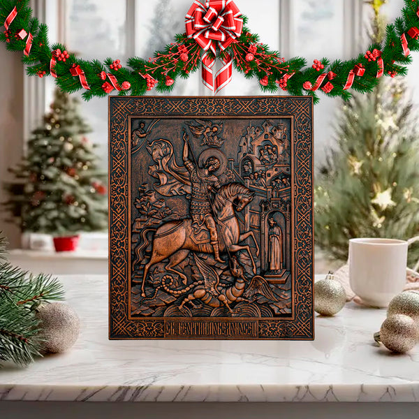 Saint George Wood carved icon of the Victorious Wooden carved icon Gift for family Carved Wooden gift Christian icon