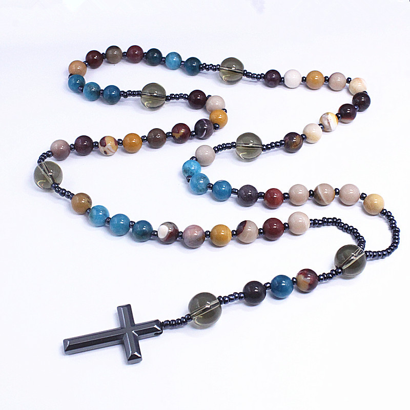 New African pine yellow tiger eye vintage natural stone long cross rosary necklace