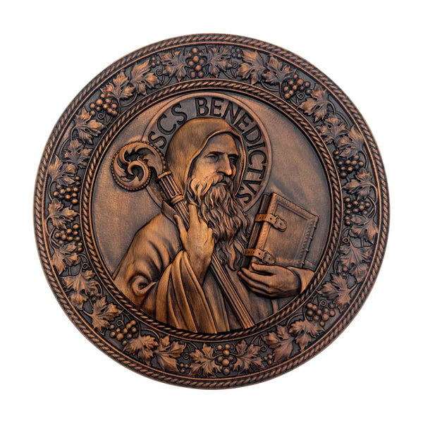 Saint Benedict religious icon, natural wood carved wall decoration