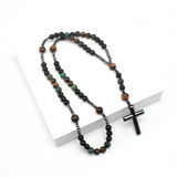 New African pine yellow tiger eye vintage natural stone long cross rosary necklace