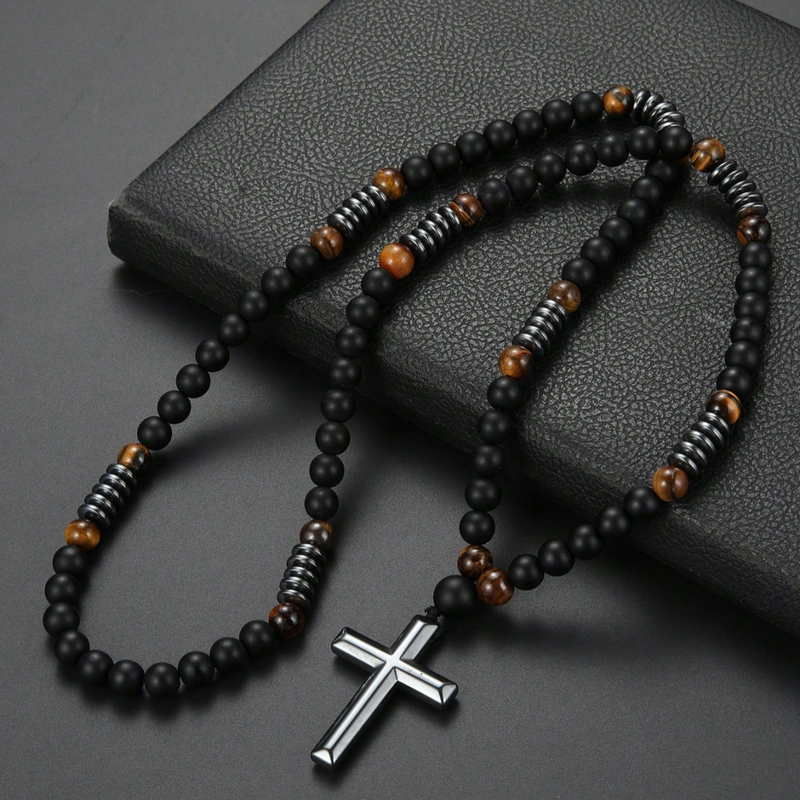 New African pine yellow tiger eye vintage natural stone long cross rosary necklace