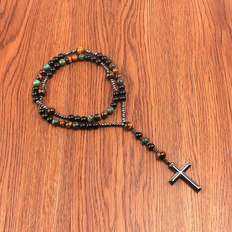 New African pine yellow tiger eye vintage natural stone long cross rosary necklace