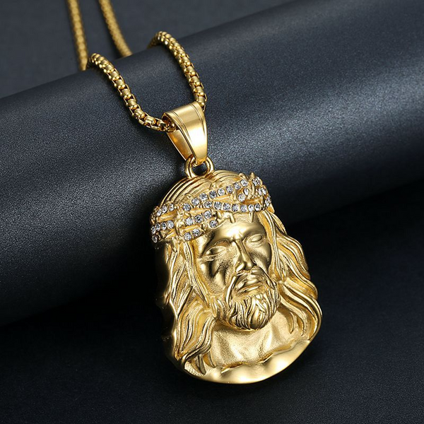 Jesus Pendant in Titanium Steel, Gold Plated and Diamonds