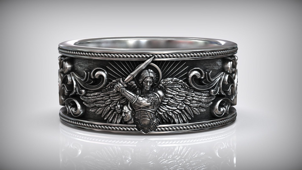 S925K Silver Archangel Michael Ring | Sacred Protection and Baroque Rococo Style Engravings