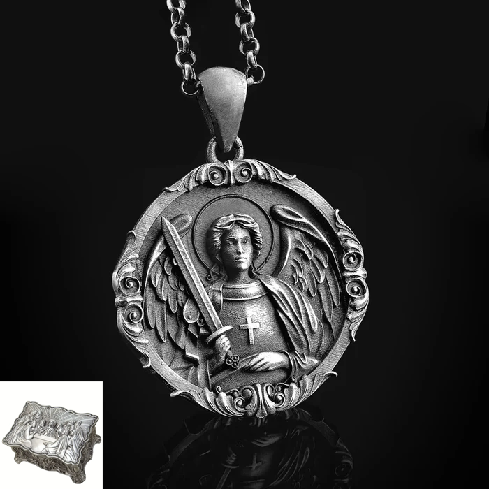 S925k Silver St. Michael Shield Angel Amulet Badge Necklace