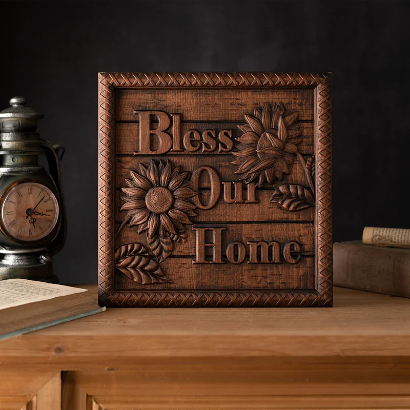 Promotional items:Bless Our Home Sunflower Solid Wood Engraved Plaque