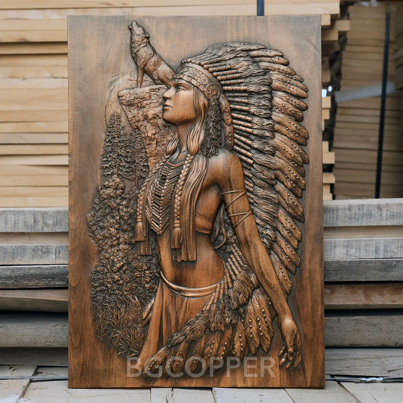 Spring Limited Time Sale: Native American Woman with Wolf Wooden Decoration