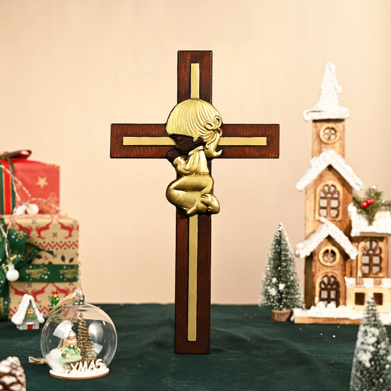 Praying Boy/Girl Cross Wooden Sculpture