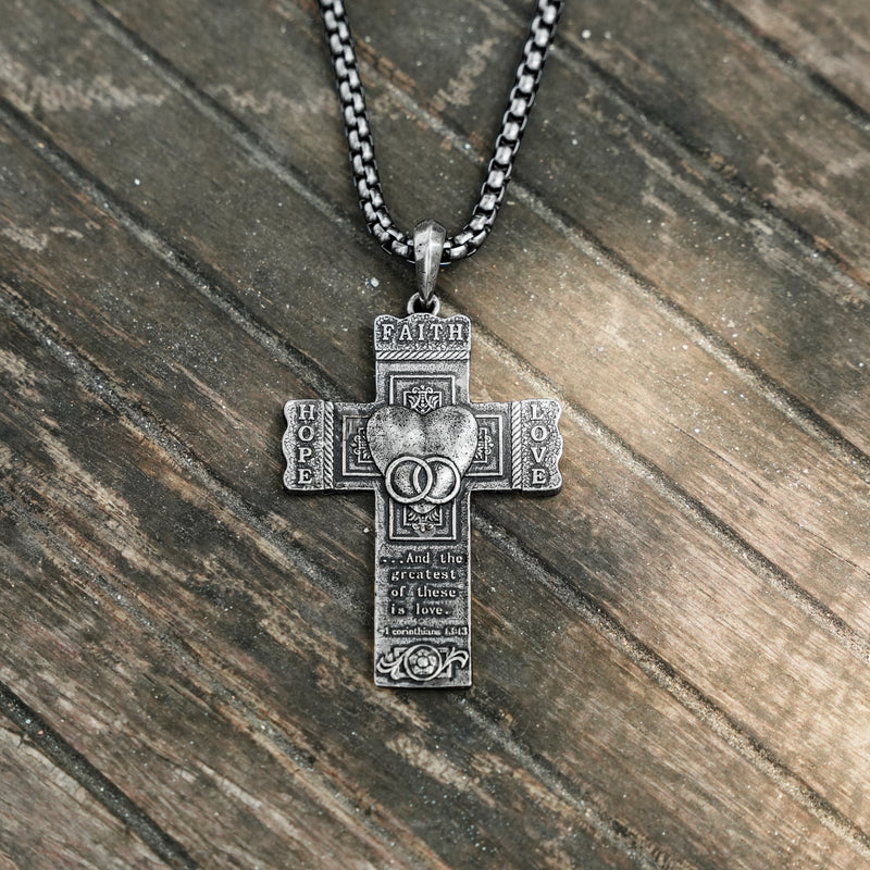 S925K Silver "Faith, Hope, Love" Cross Necklace with Bible Verse