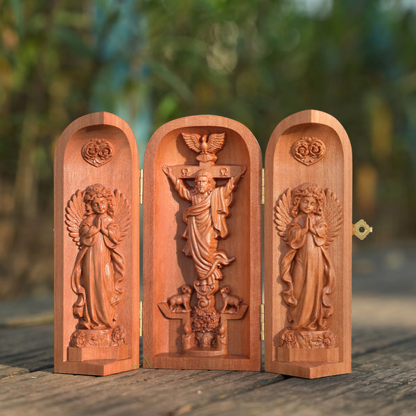 Hand-carved Portable Church - Mini Christian Ascension scene Triptych Altar