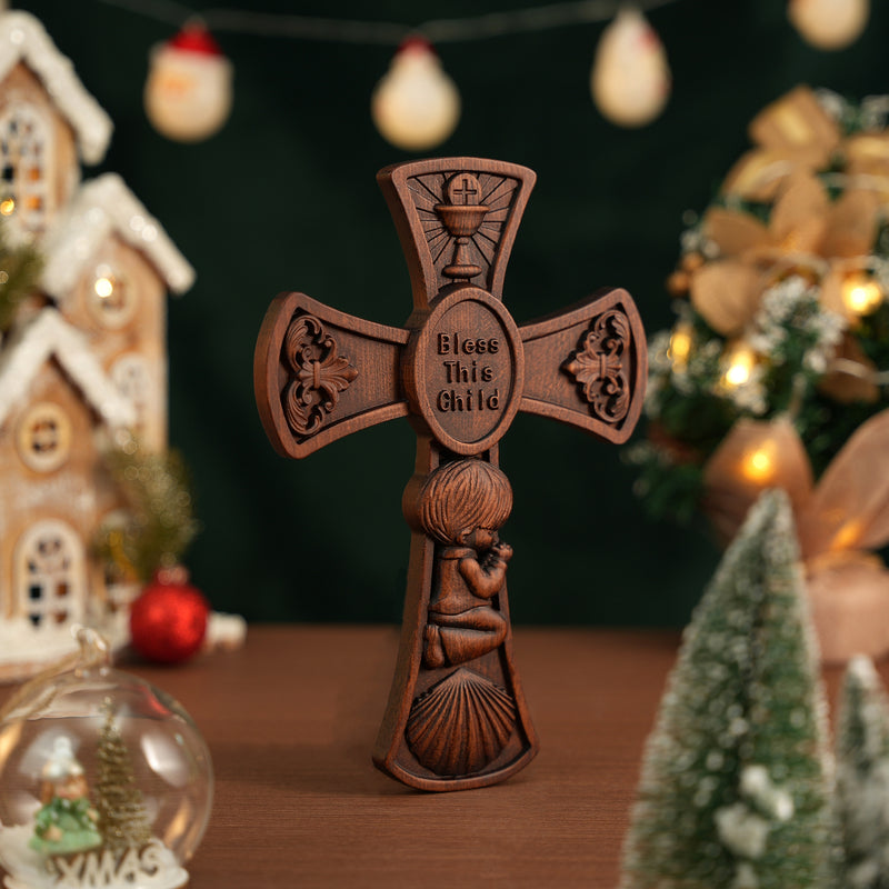 “Bless This Child” Prayer Boy/Girl Cross Wooden Sculpture